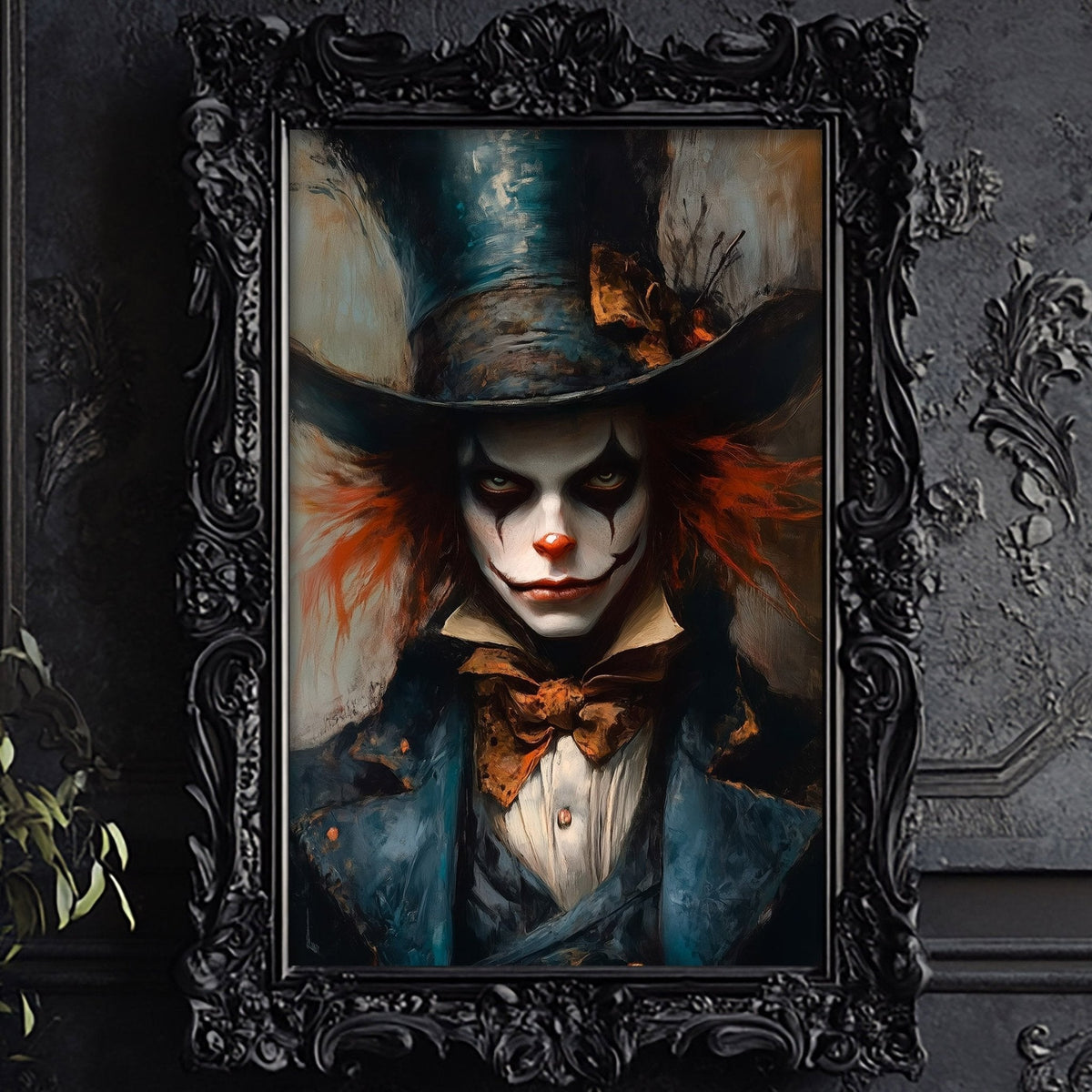 Dark gothic figure in a top hat with an unsettling grin