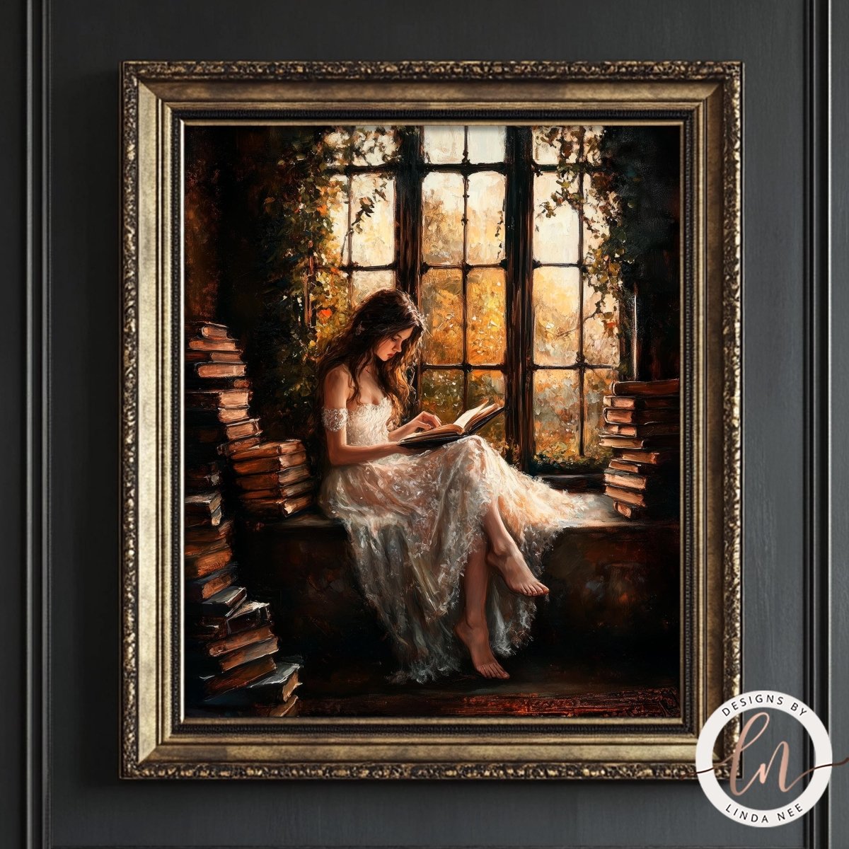 Woman reading on a windowsill with trees visible outside