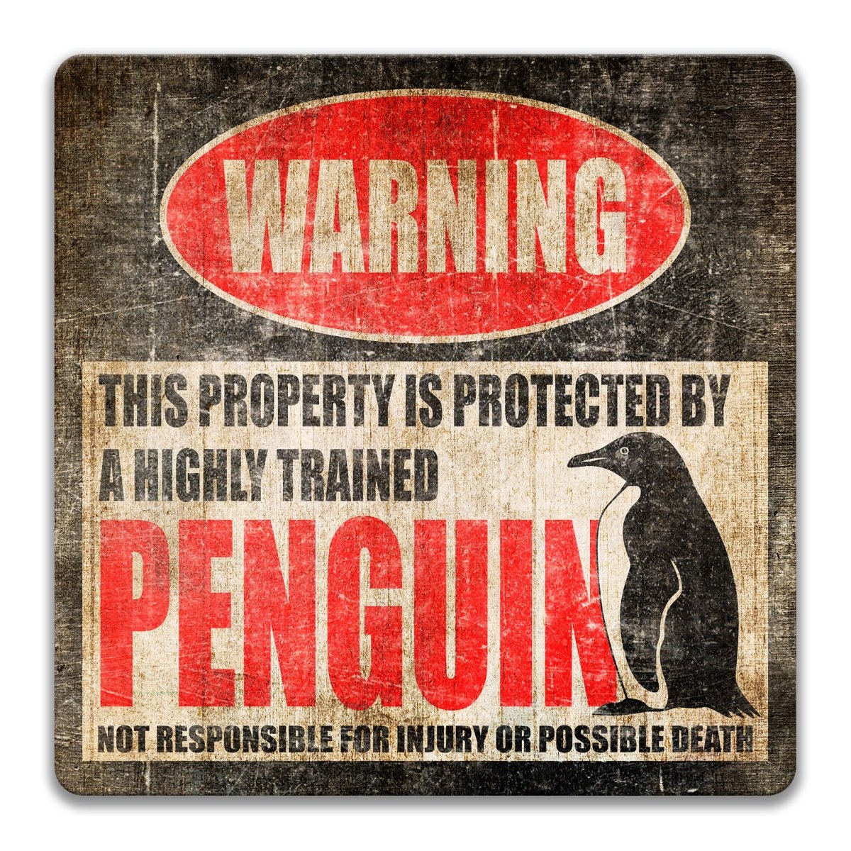 Aluminum penguin property warning sign for a kids room door, with the highly trained penguin guard message and disclaimer