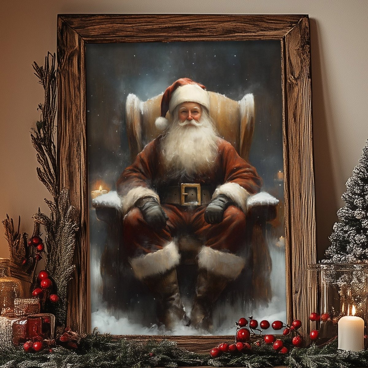 Santa wall art of Father Christmas in an armchair, styled with pine branches and candles