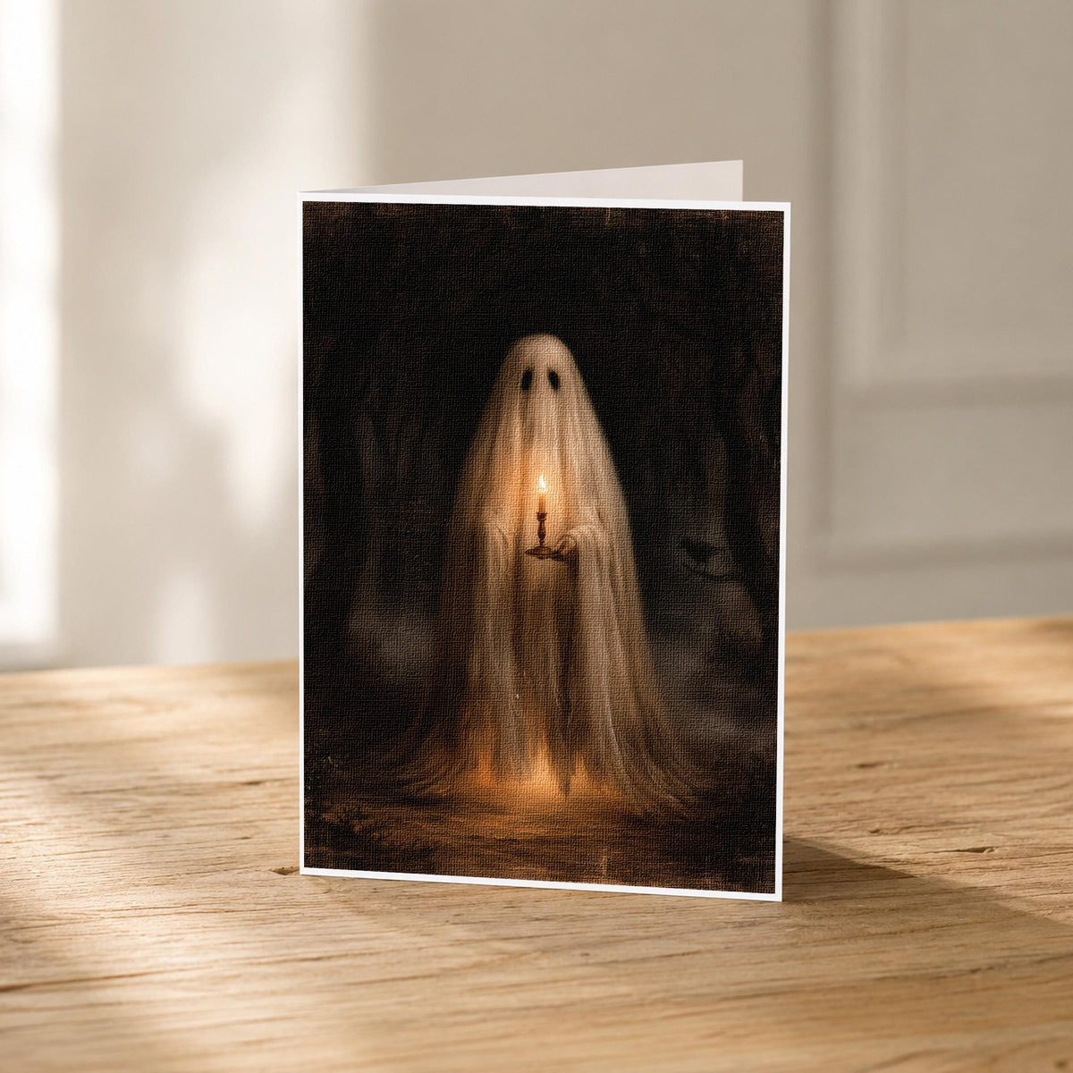 5x7 woodland ghost blank note card standing upright showing its linen texture and misty forest artwork