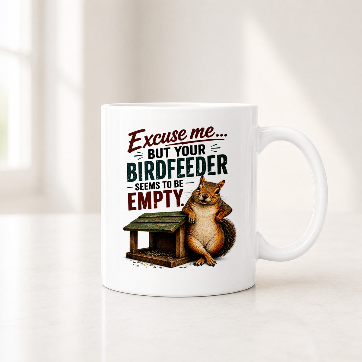 11 oz white squirrel mug with red and forest green lettering above a squirrel resting a paw on its hip