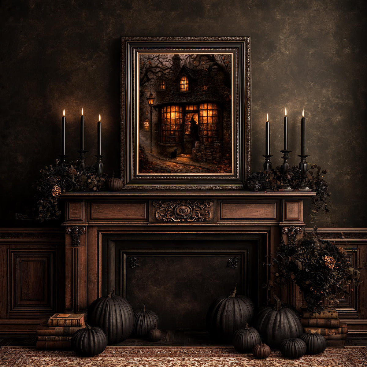 Dim room with a candle-and-pumpkin fireplace under the dark academia bookshop print