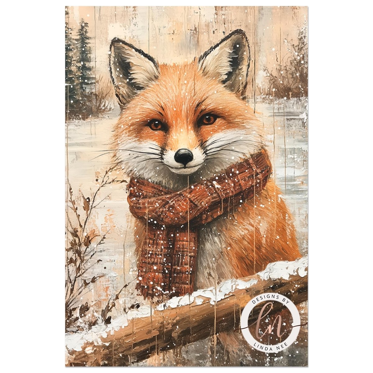 A print of a fox wearing a scarf and sitting on a branch with snow on it, set against a snowy landscape with pine trees.