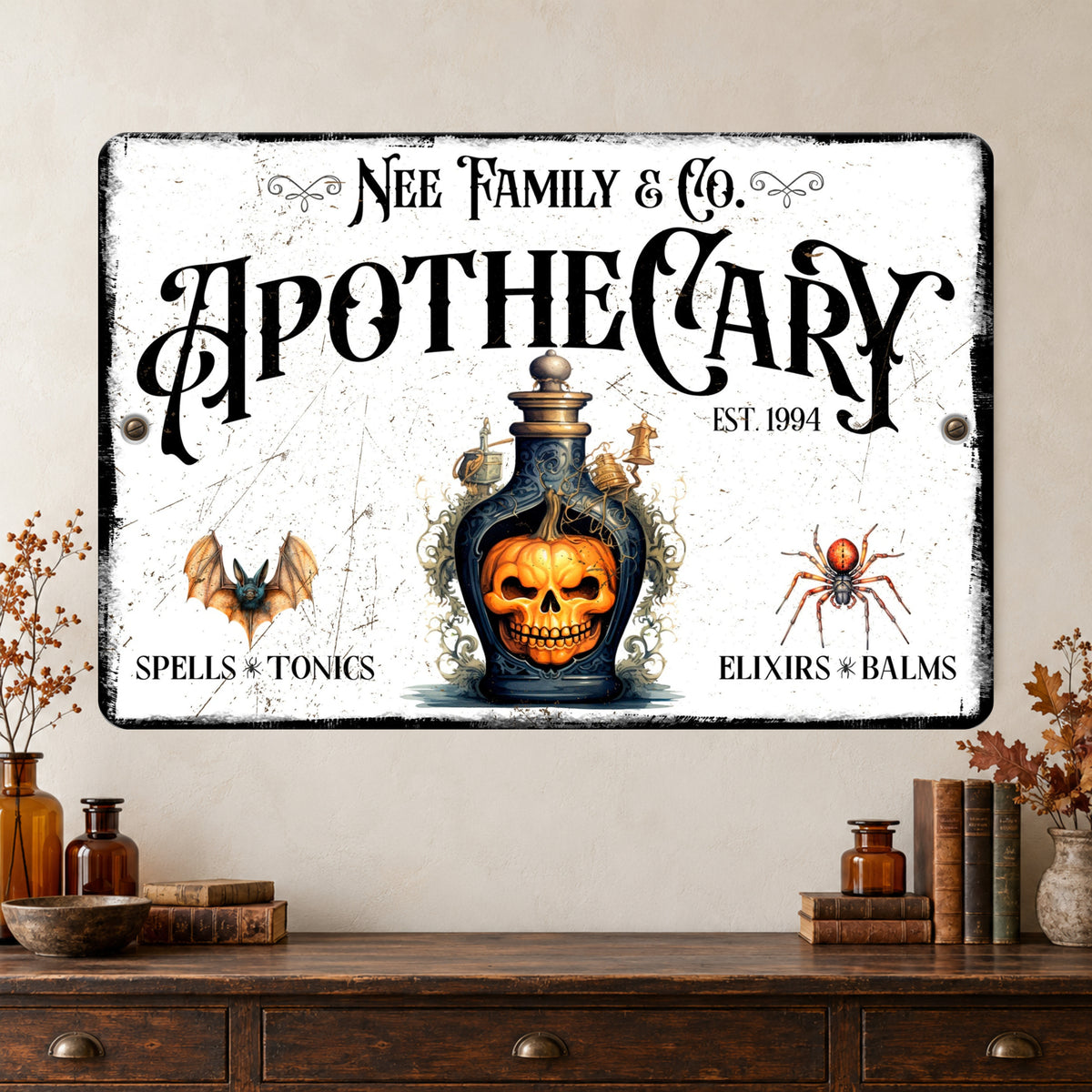 A rectangular vintage-style wall sign with distressed white background and gothic text reading 'Nee Family & Co. Apothecary' and 'Est.