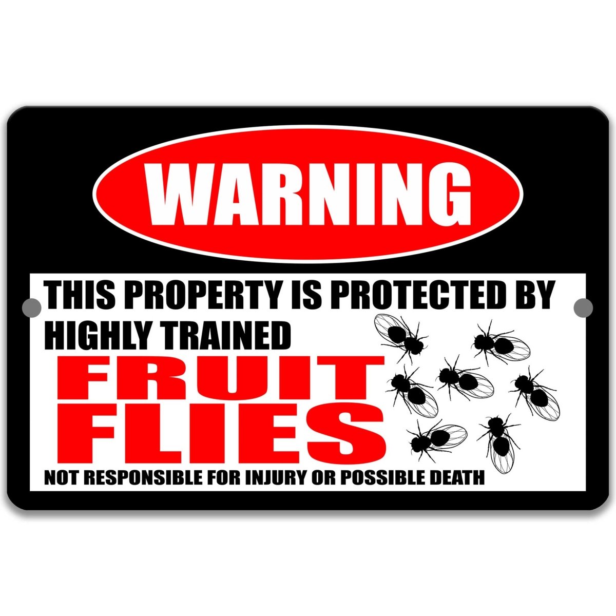 Fruit fly warning metal sign, glossy black, red WARNING oval and scattered fruit fly graphics