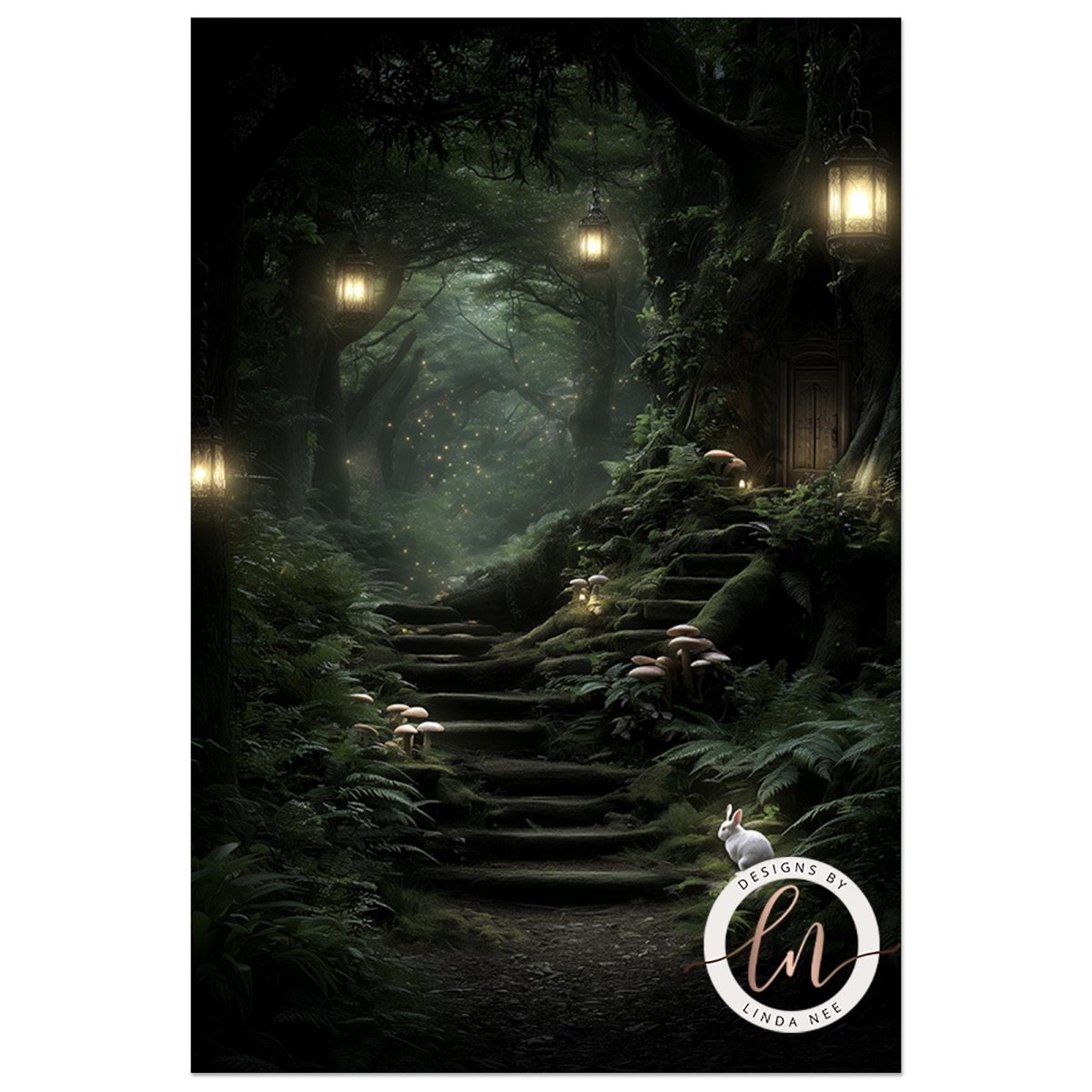 A mystical forest path with a rabbit standing on the steps, surrounded by glowing mushrooms and lanterns.