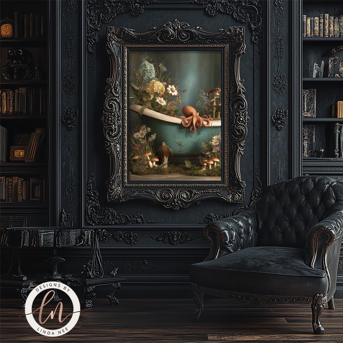 a large, ornate painting of an octopus in a bathtub, surrounded by flowers and mushrooms, hanging on a dark, gilded wall. In the foreground, there is a black leather armchair, and a bookshelf filled with books can be seen in the background.