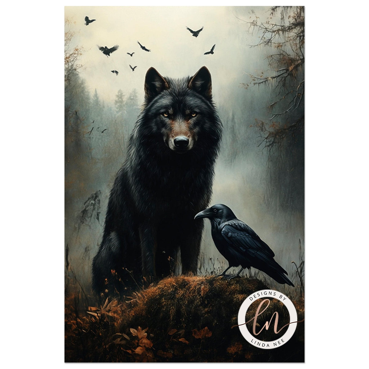 Wolf and raven artwork in a foggy forest with trees fading into mist