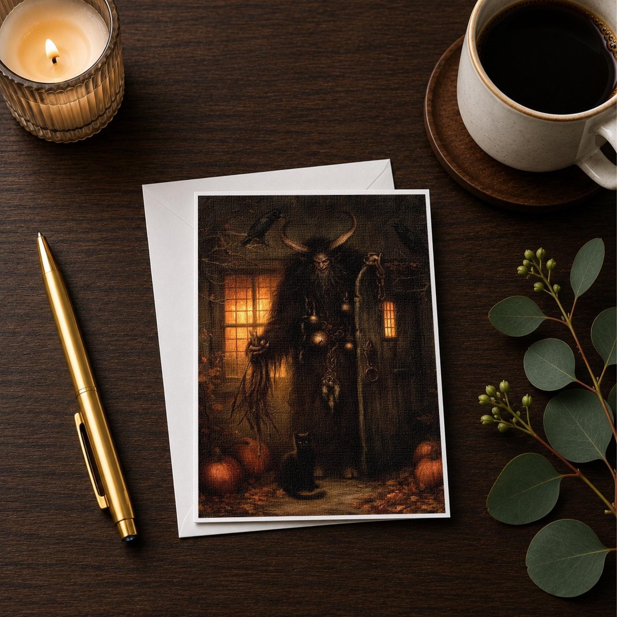 Krampus cottage door Halloween note card styled with pumpkins and a candle