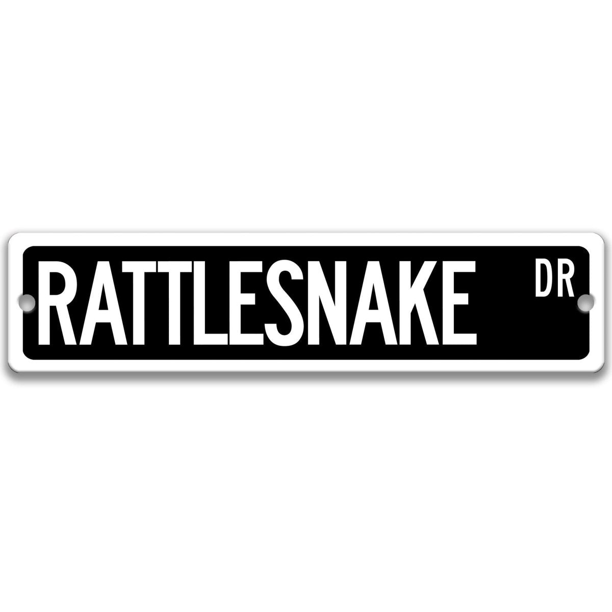Rattlesnake metal street sign with a black background reading RATTLESNAKE DR