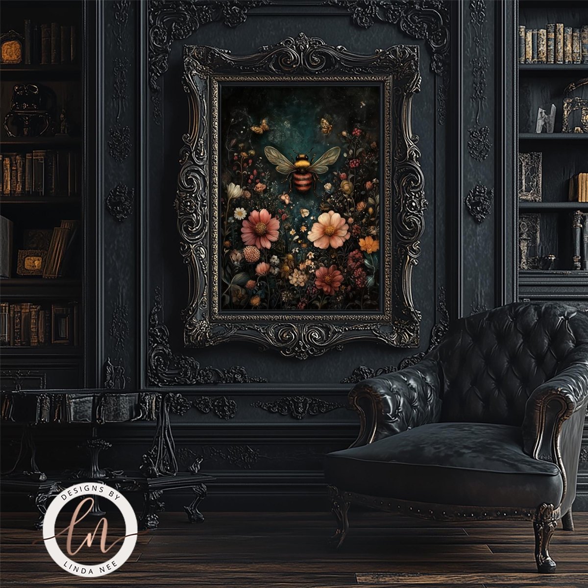 Dark cottagecore bee art print with wildflowers on moody teal background, gothic botanical wall decor