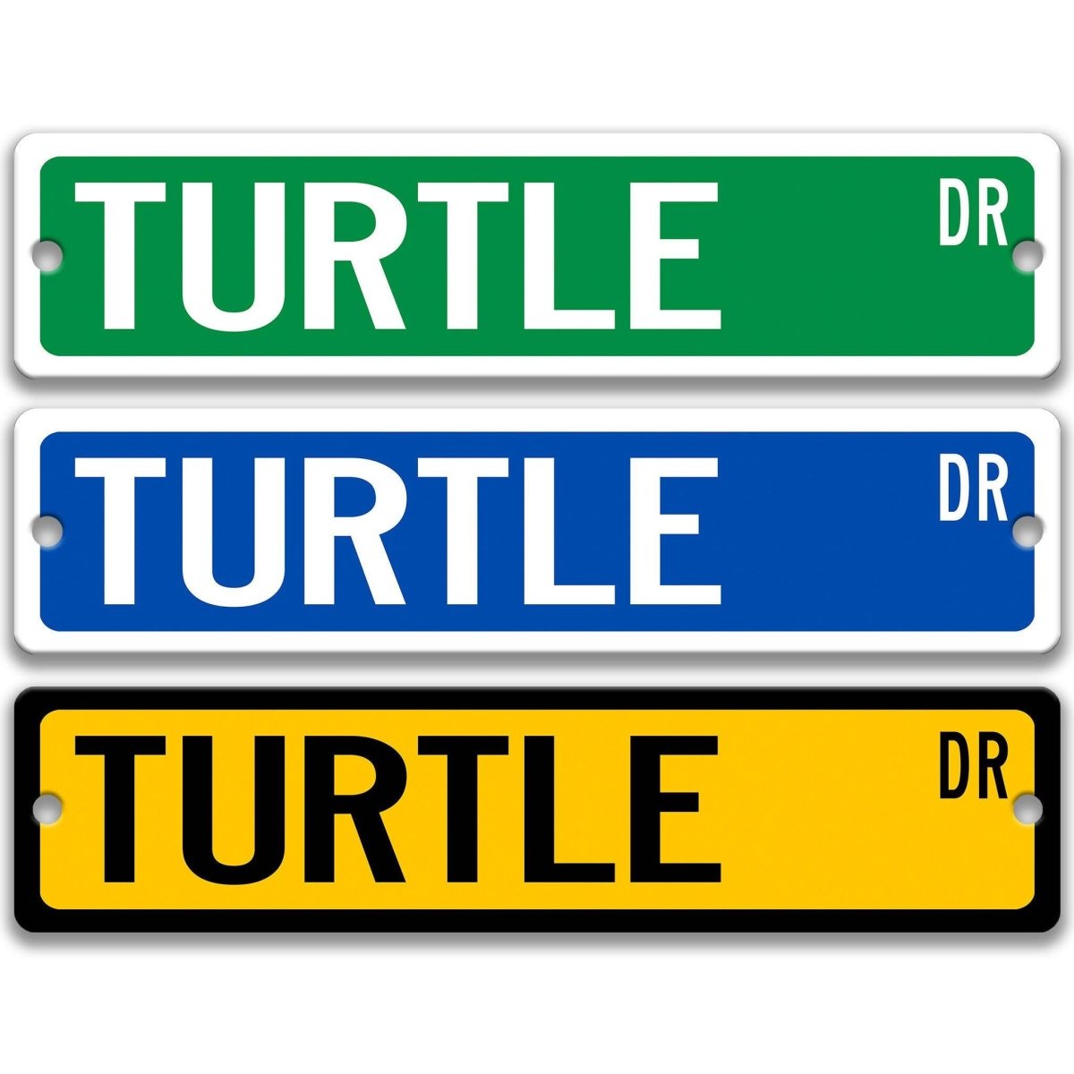 Turtle metal street sign shown in red, yellow, and blue background colors