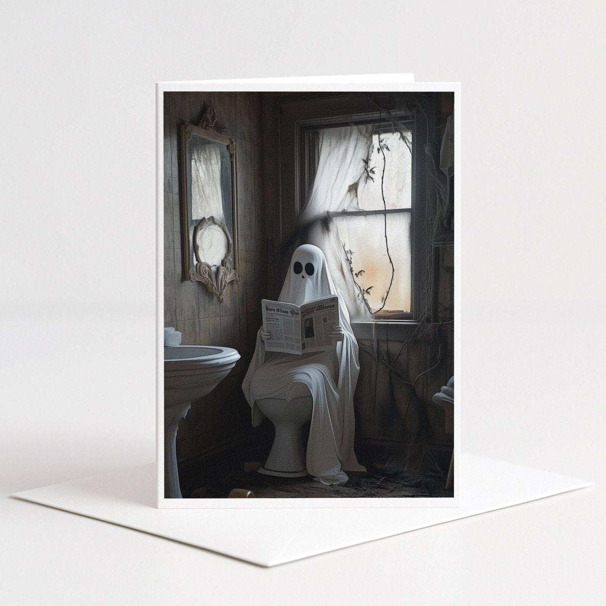 Ghost sitting on a toilet reading a newspaper, 5x7 blank note card by Designs by Linda Nee