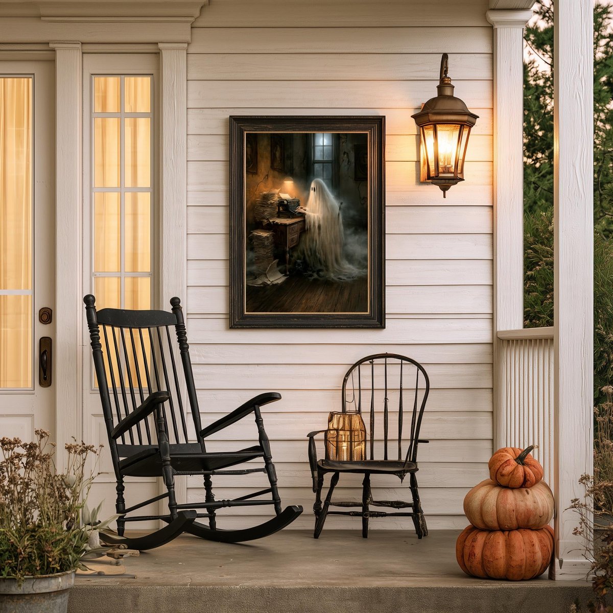 Ghost writer art print on a porch wall above a rocking chair and pumpkins