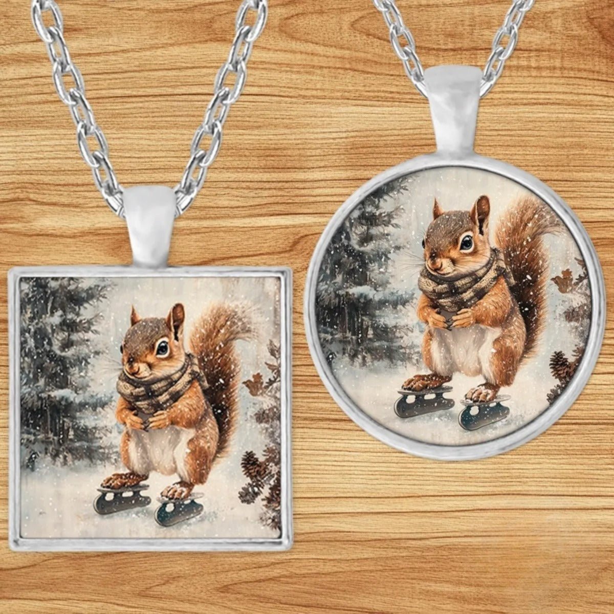 Ice Skating Squirrel pendant necklace shown in round and square silver charm styles on a wood background