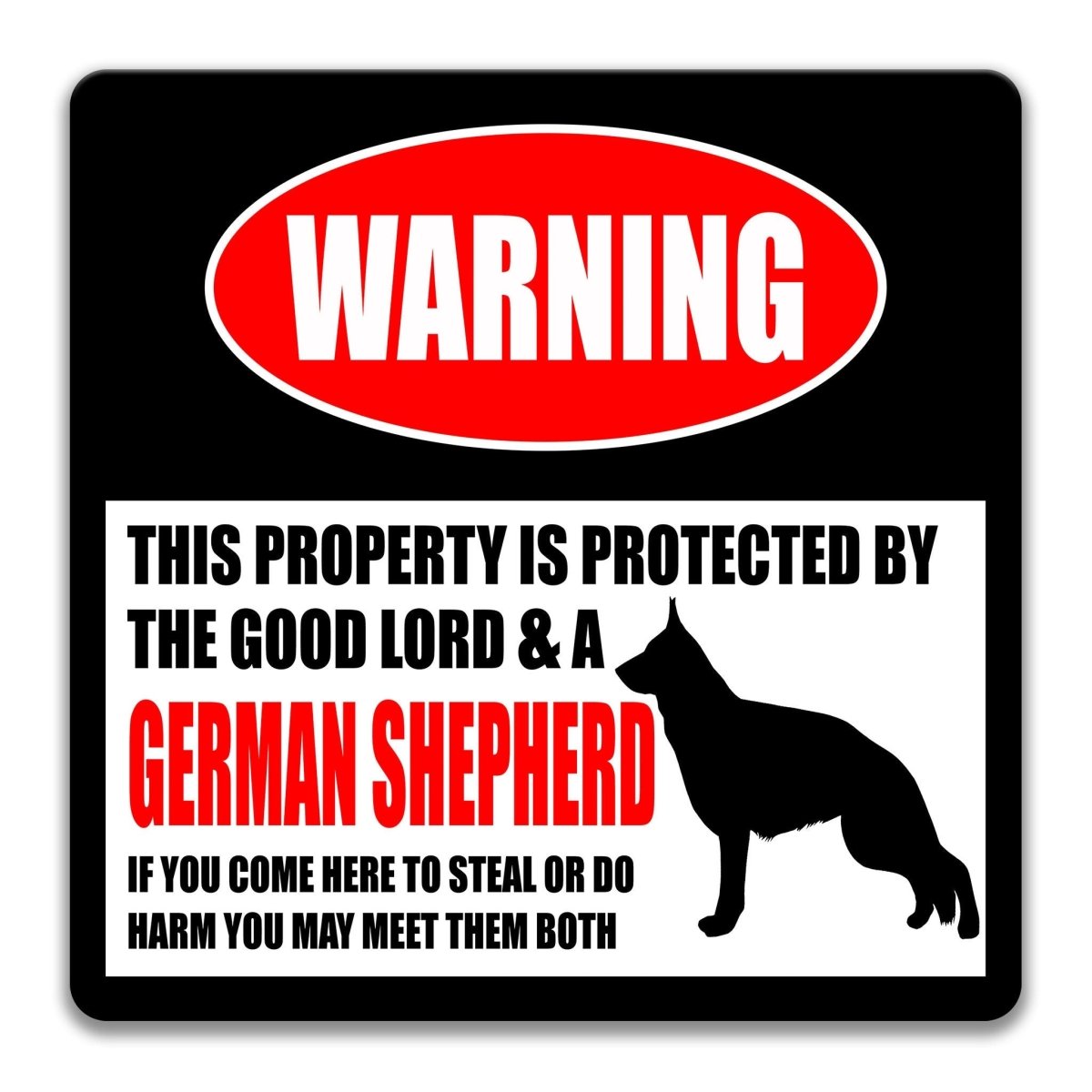 German Shepherd warning sign, red WARNING banner and large German Shepherd dog silhouette, funny German Shepherd lover gift, aluminum with rounded corners