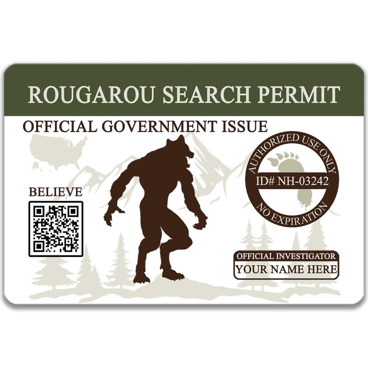 The image is a search permit for a rougarou search, featuring a silhouette of a werewolf and a QR code.
