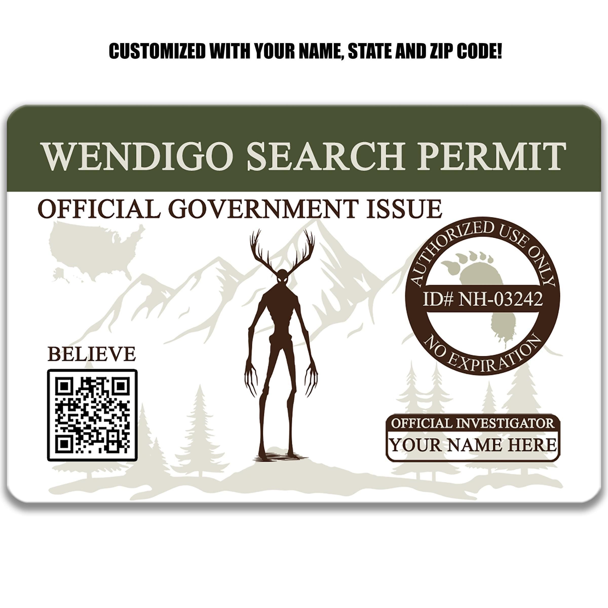 The image is a custom-made search permit featuring a silhouette of a creature resembling a deer or elk, with mountains in the background. The permit is designed to be used as an official government identification card, with a QR code and a barcode for scanning.