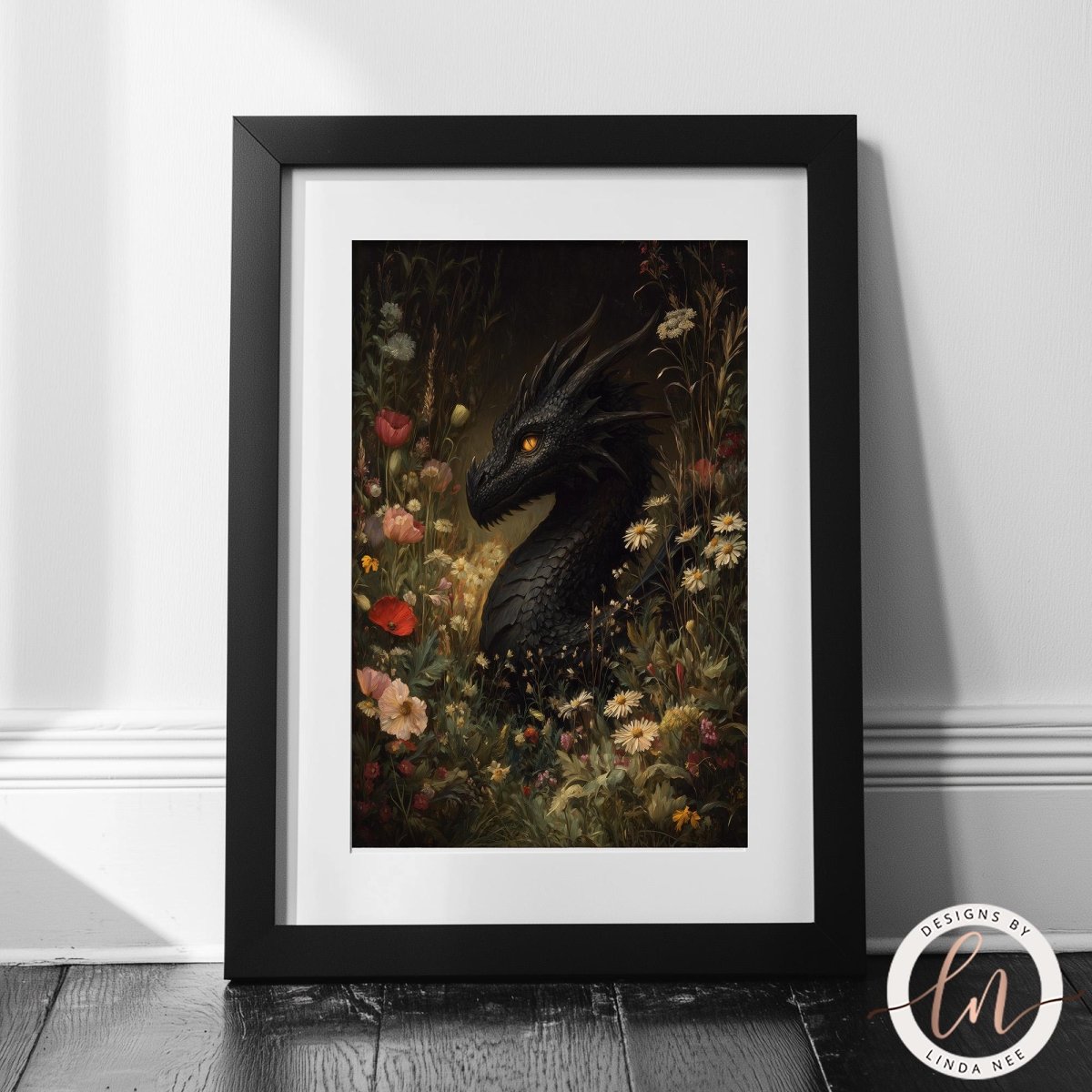 A framed artwork depicting a black dragon surrounded by a lush, colorful garden filled with flowers and foliage.