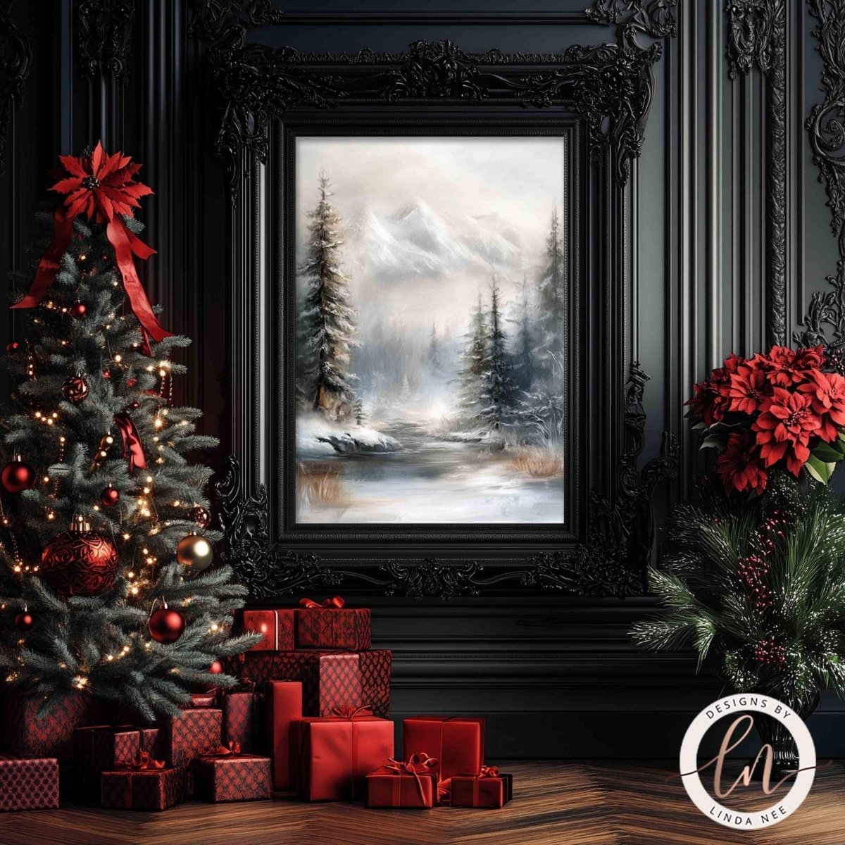 a Christmas scene with a framed landscape painting, a decorated Christmas tree, and a pile of wrapped presents.