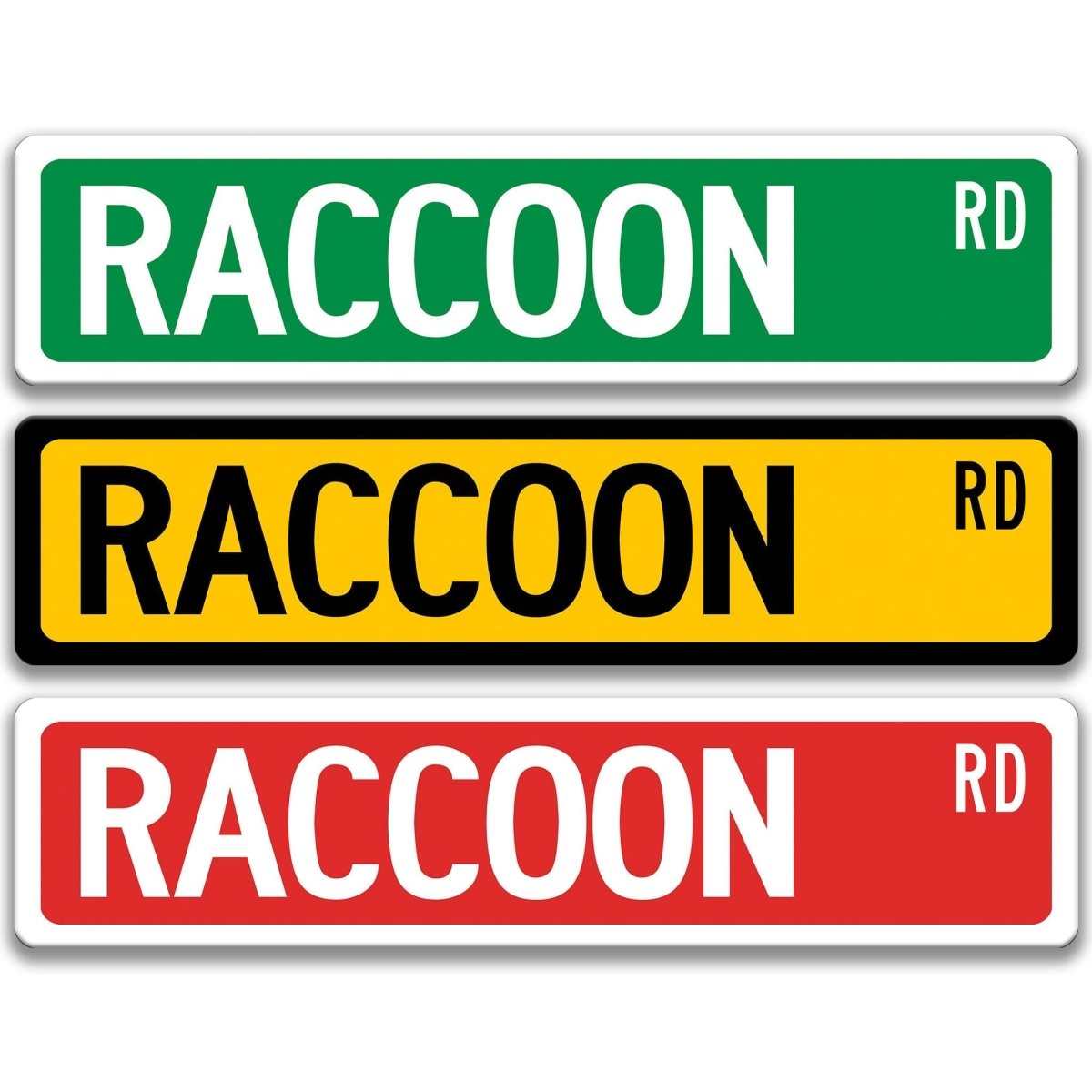 Raccoon metal street sign shown in red, yellow, and blue background colors