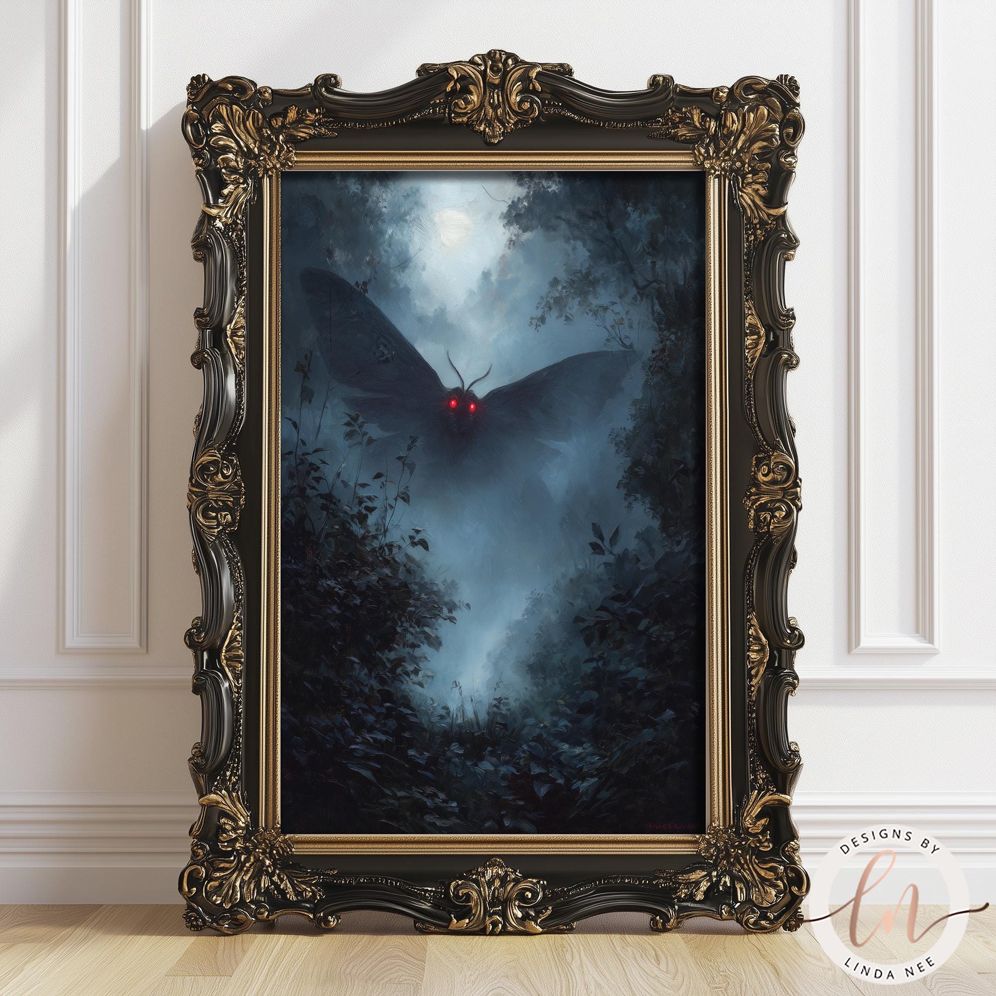 a dark, mysterious scene with a large, winged creature with glowing red eyes, possibly a moth or a dragon, flying through a misty, forest-like environment.