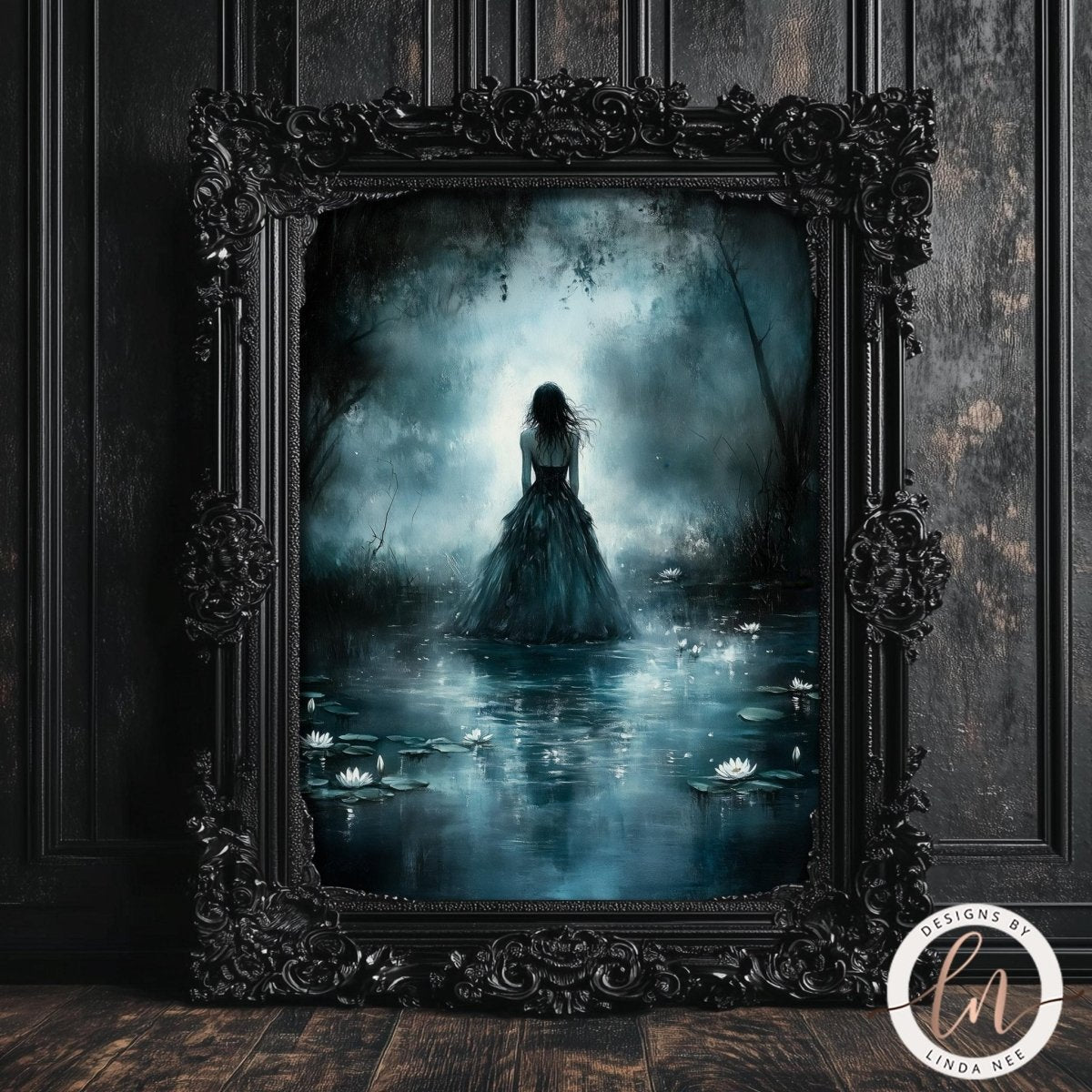 Lily pad art print displayed in an ornate frame in a misty setting