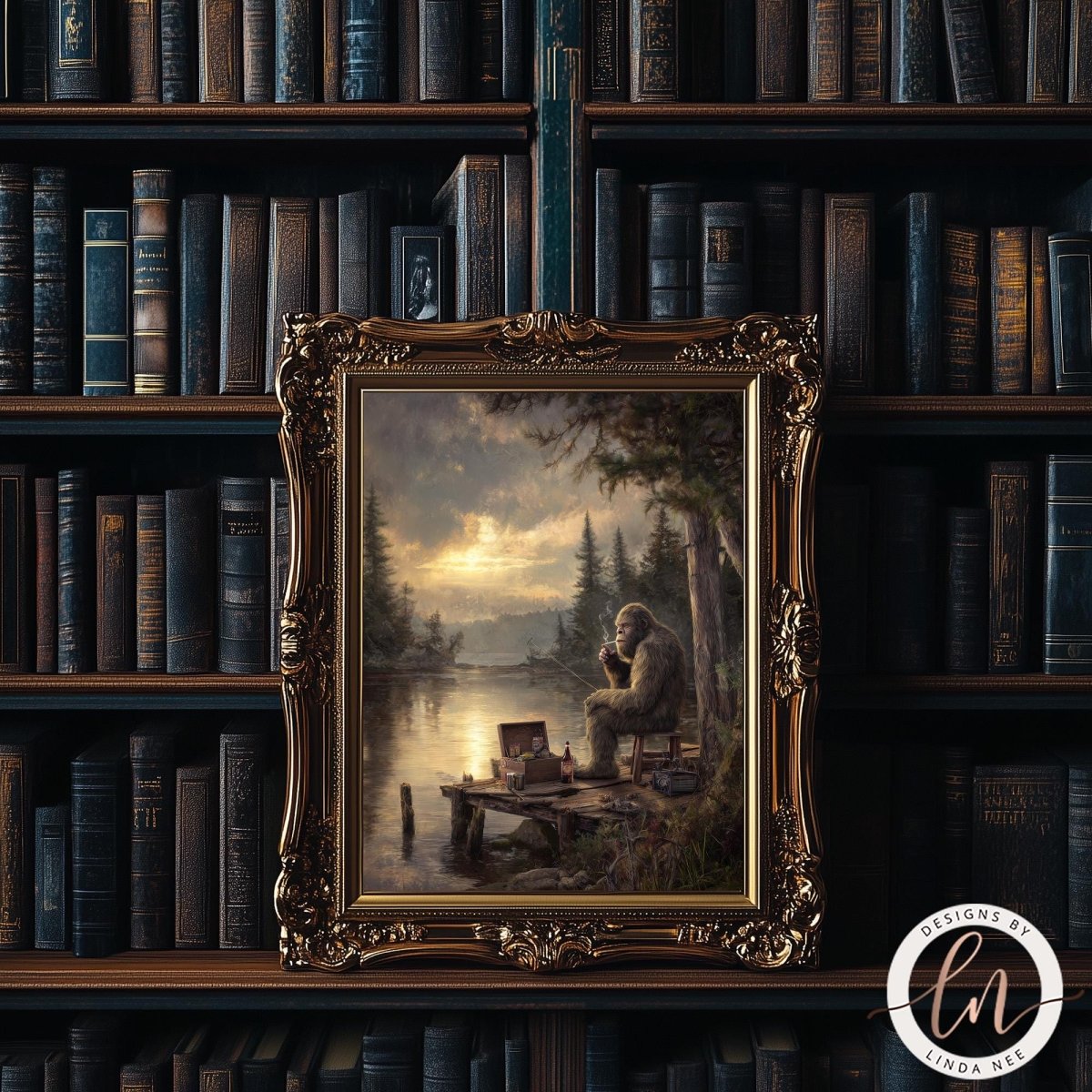a painting of a person sitting on a bench by a lake, with a large tree in the background. The painting is framed in an ornate gold frame and is displayed on a bookshelf filled with books.
