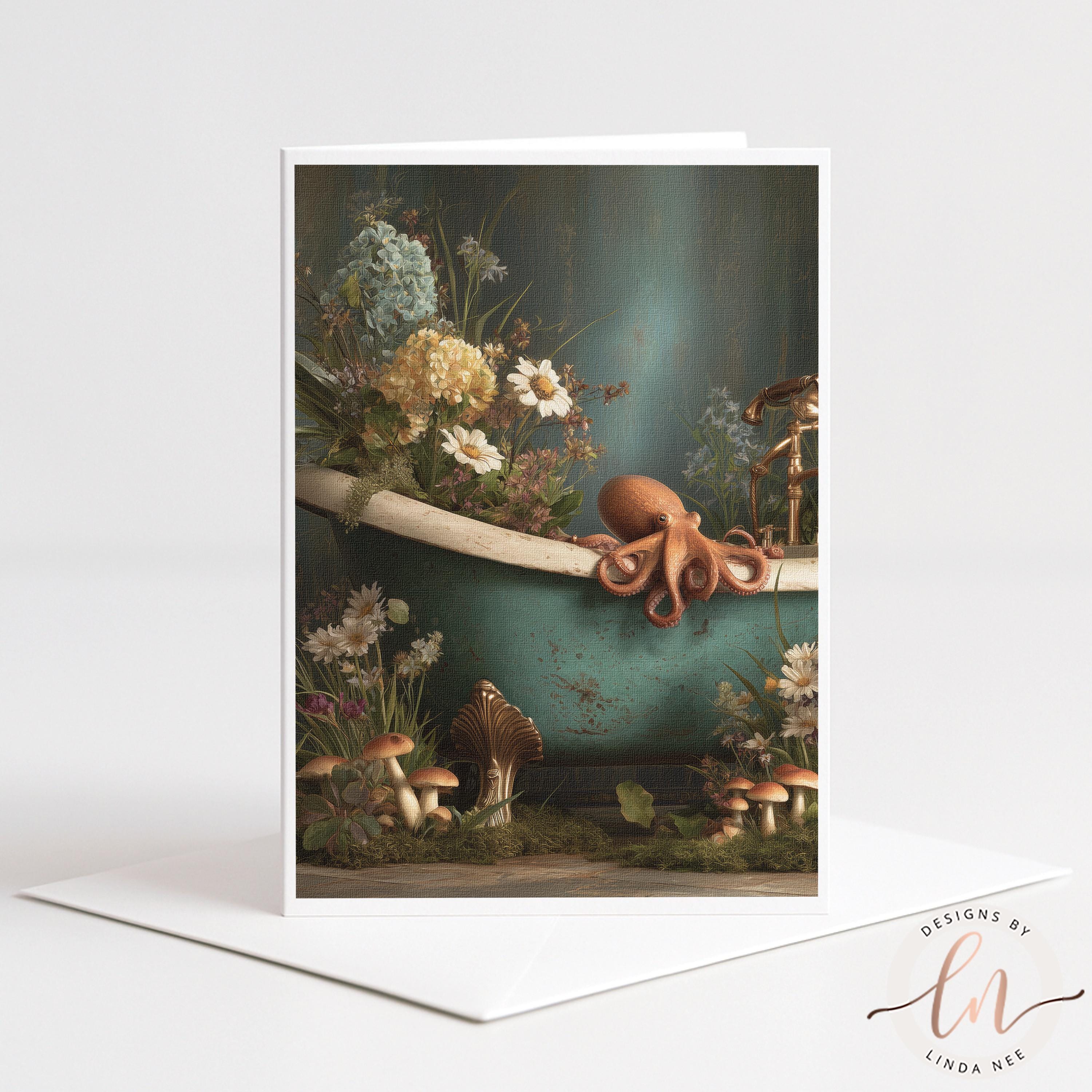 A 5x7 linen-textured greeting card featuring a surrealist illustration of a copper octopus on a teal bathtub overflowing with flowers and mushrooms. The card sits next to a premium white envelope, showcasing a blend of whimsical maximalism and moody nature art.