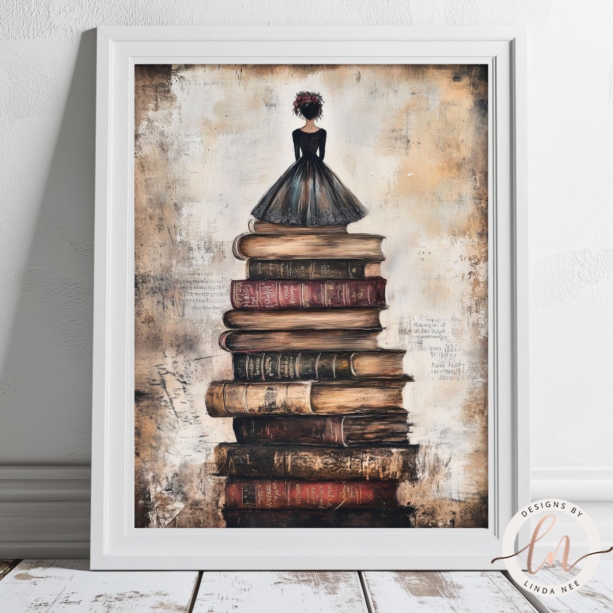 Woman standing on books print displayed in a frame