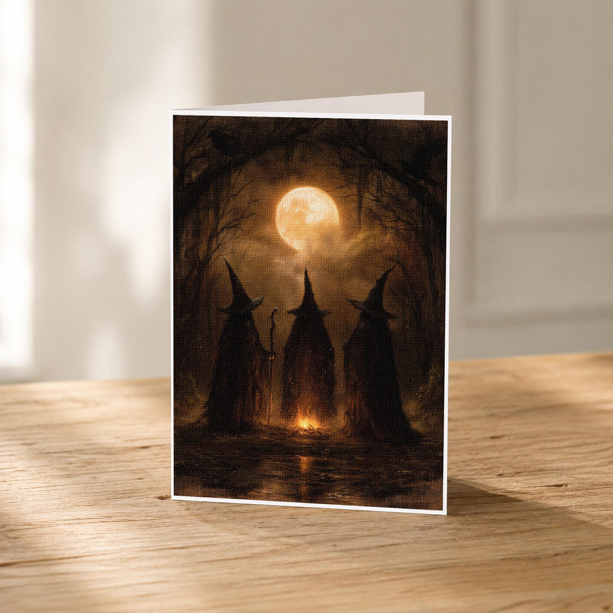5x7 witch coven blank note card standing upright showing its linen texture