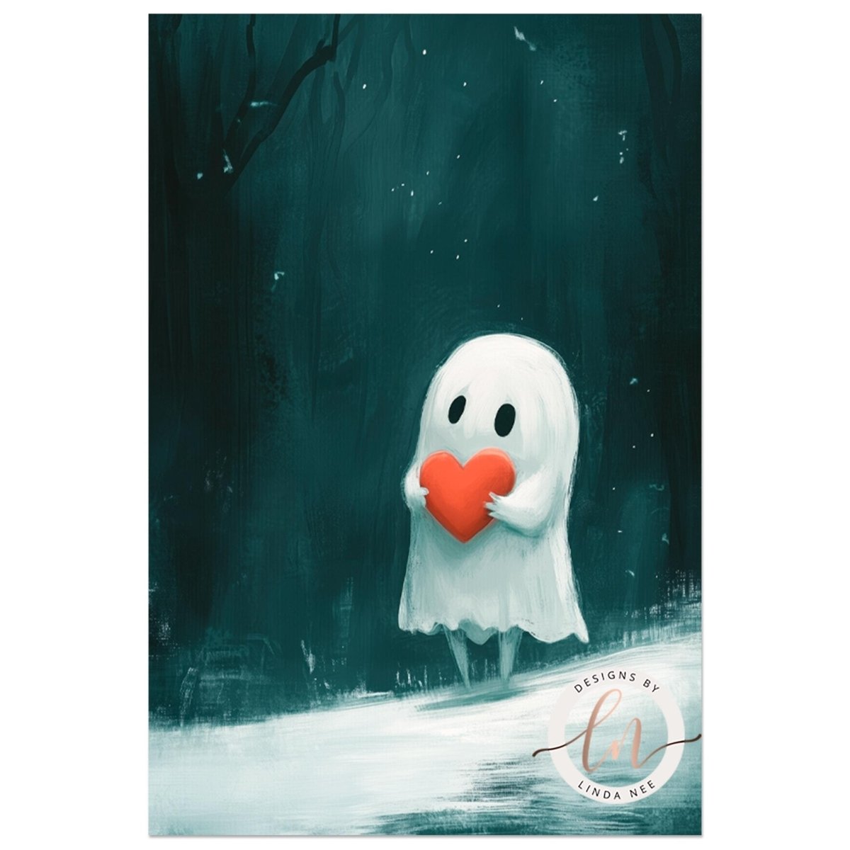 a framed painting of a ghost holding a red heart, surrounded by candles and roses, creating a spooky and romantic atmosphere.