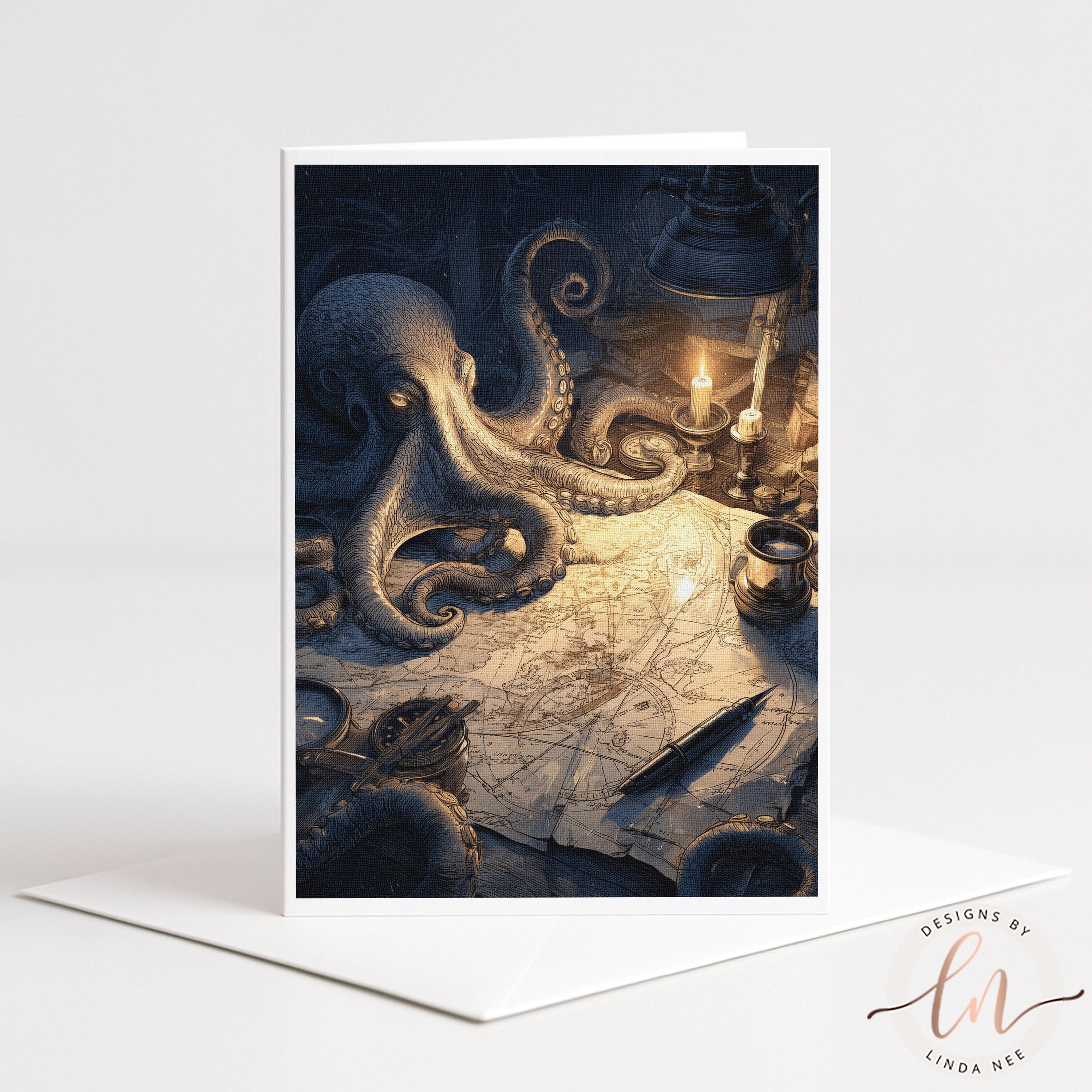Pirate captain octopus note card featuring a candlelit octopus studying an antique nautical map with a compass and ink pen