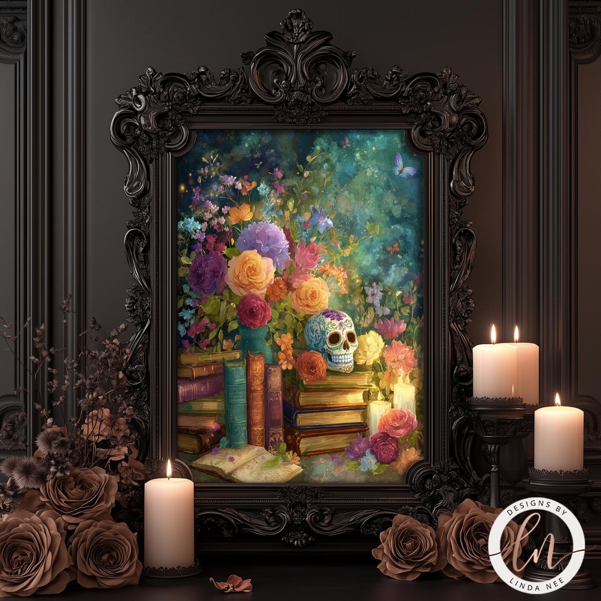 a framed painting of a skull surrounded by a vibrant array of flowers, books, and candles, creating a whimsical and artistic scene.