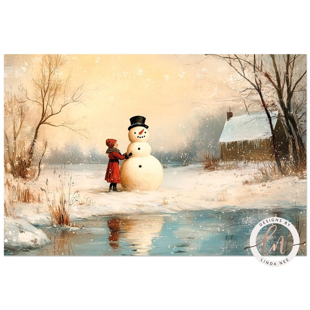 A young girl in a red coat is building a snowman next to a snow-covered cabin in a snowy landscape.