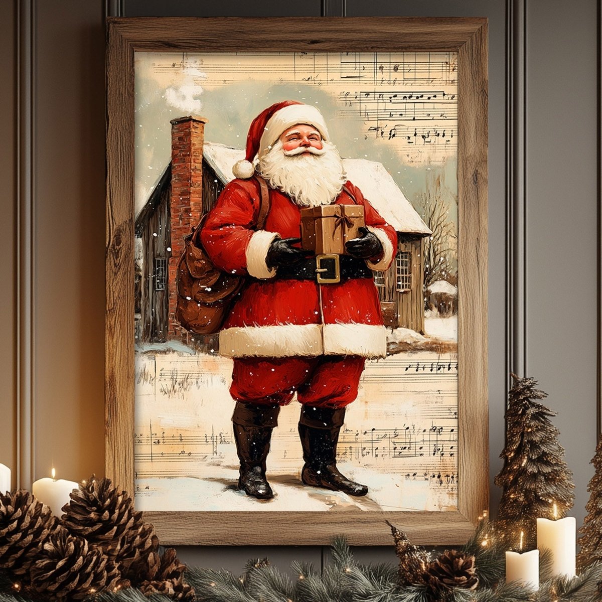 Santa Claus holding a wrapped gift in front of a snowy cabin with music notes