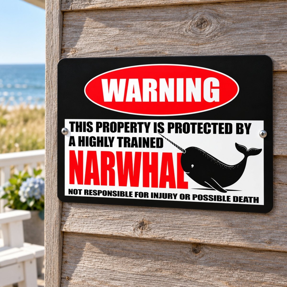 Narwhal metal warning sign with the full NOT RESPONSIBLE FOR INJURY OR POSSIBLE DEATH disclaimer, front view