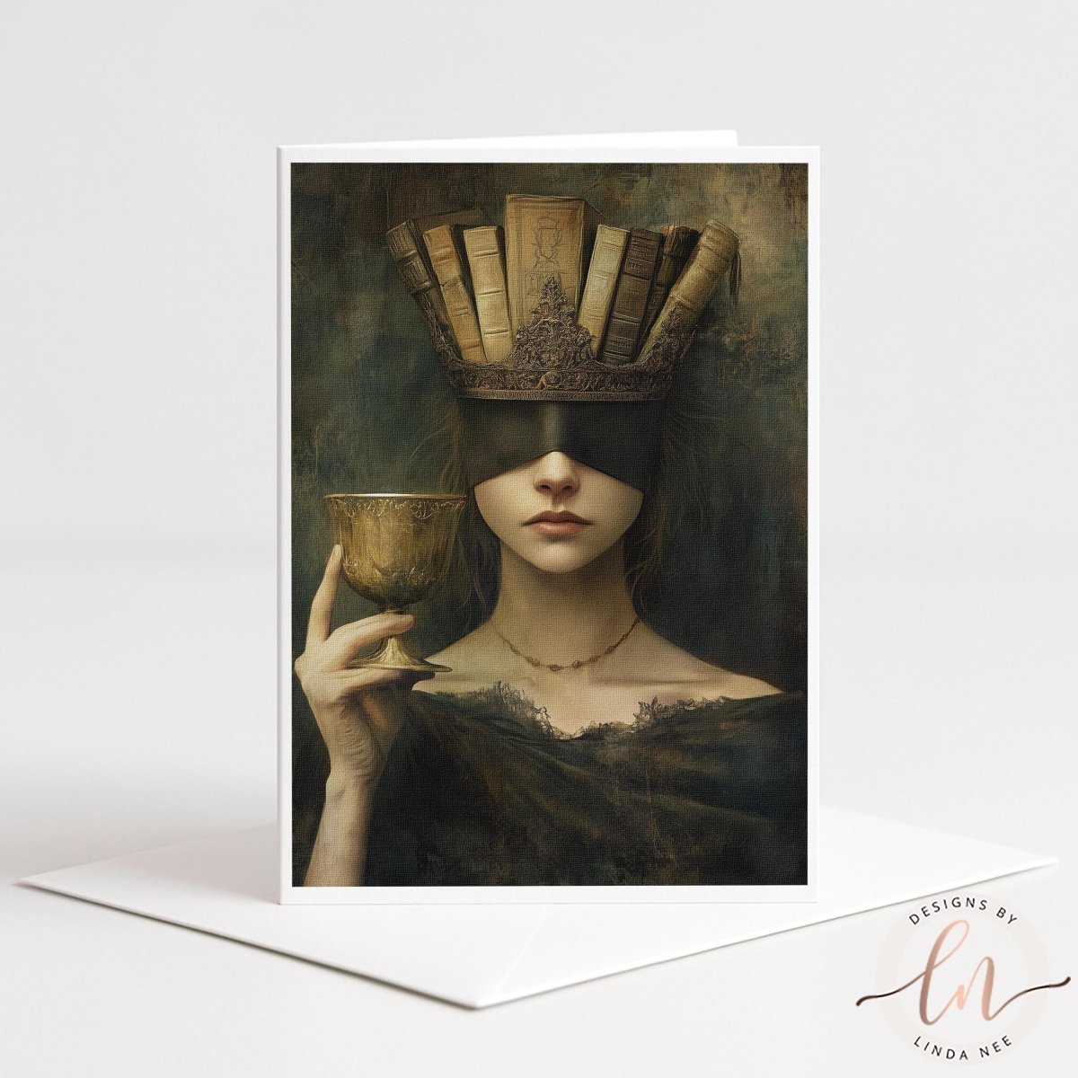 The image is a painting of a woman wearing a crown of books, holding a cup, and wearing a blindfold.