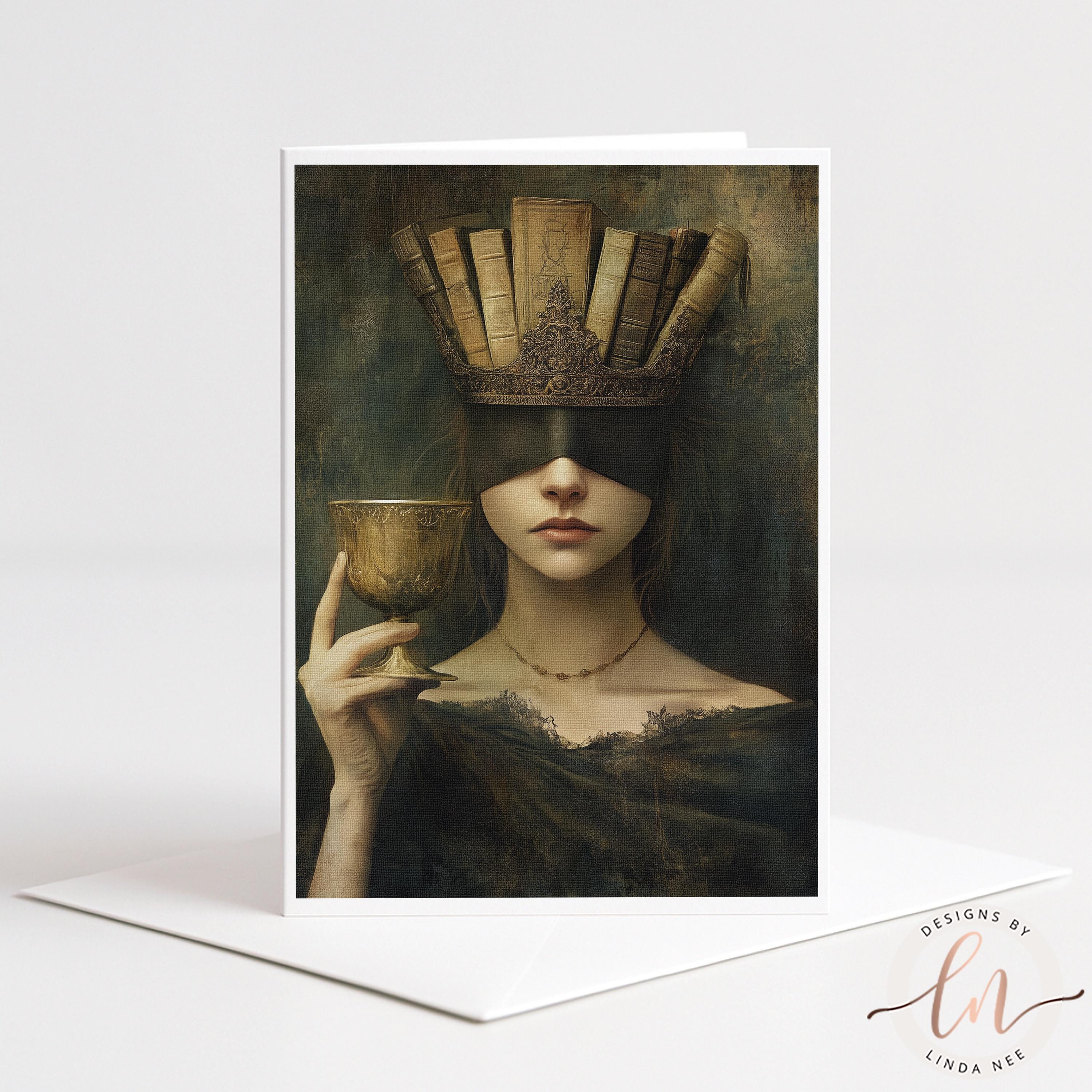 The image is a painting of a woman wearing a crown of books, holding a cup, and wearing a blindfold.