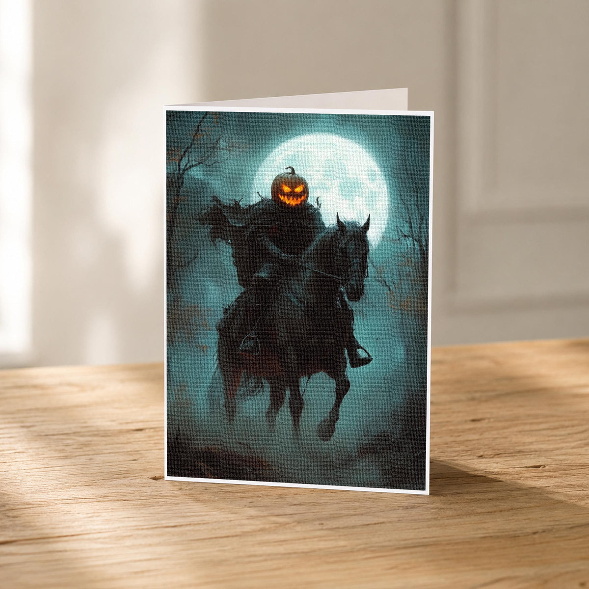 5x7 pumpkin head horseman blank note card standing upright on linen stock