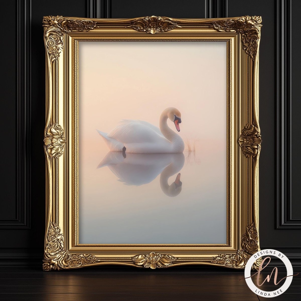 A white swan gracefully floating on a misty lake, framed in an ornate gold frame.