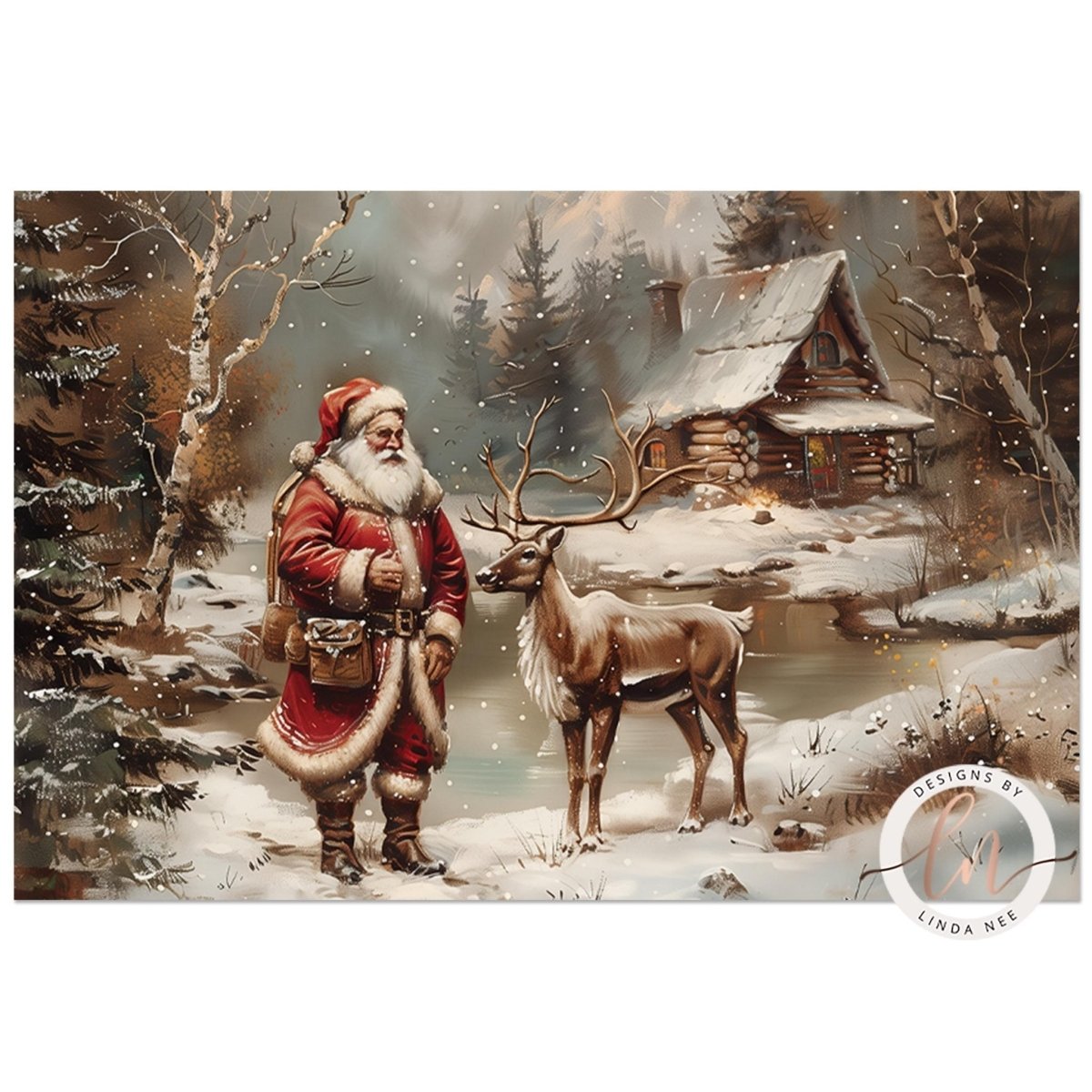A painting depicting Santa Claus standing next to a reindeer in a snowy forest, with a log cabin in the background.