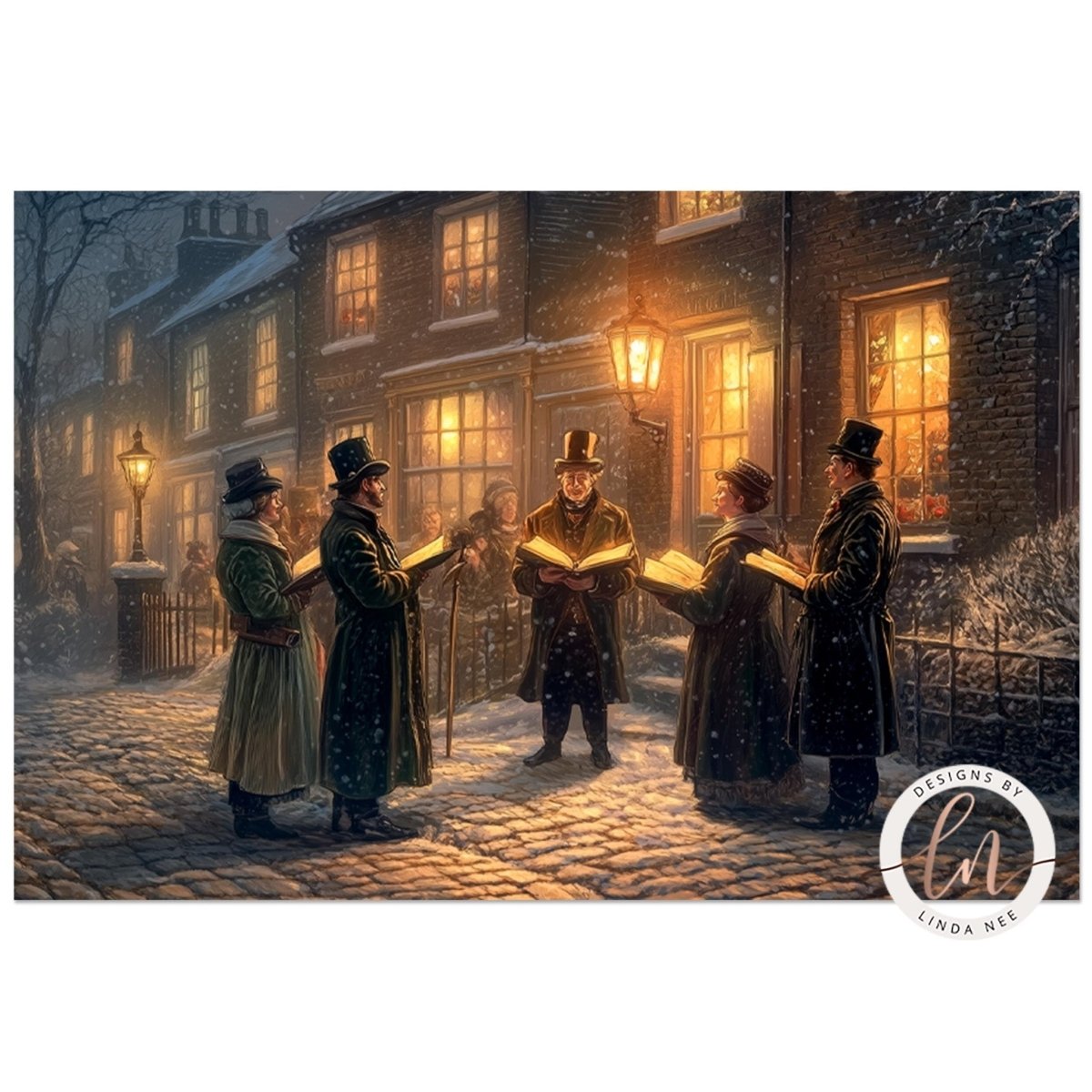 Victorian carolers singing on a snowy street under warm lamplight