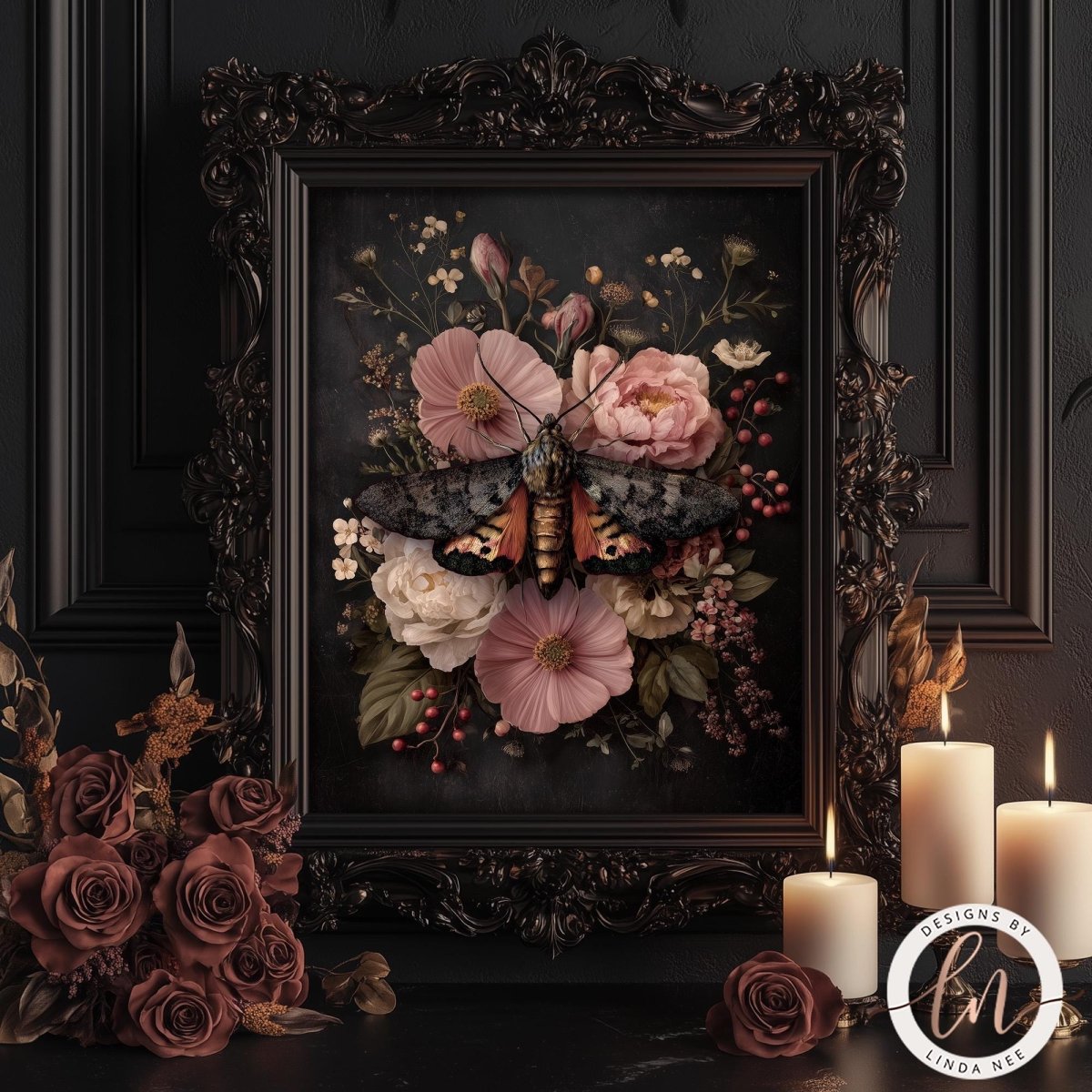 a framed artwork of a butterfly surrounded by a floral arrangement, with candles and roses in the foreground.