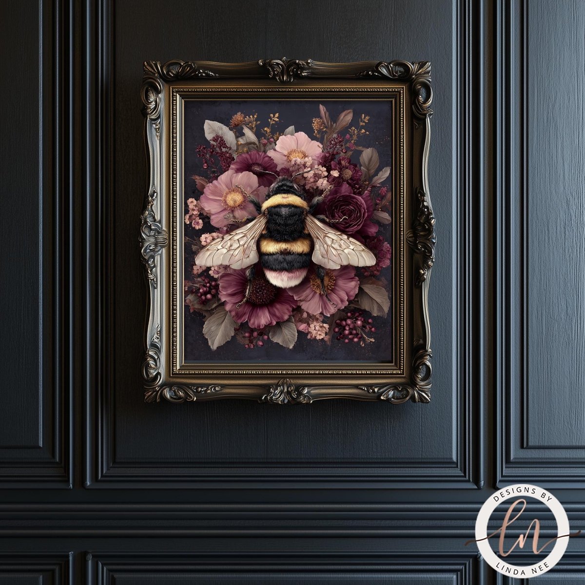 a framed painting of a bee surrounded by a floral arrangement.