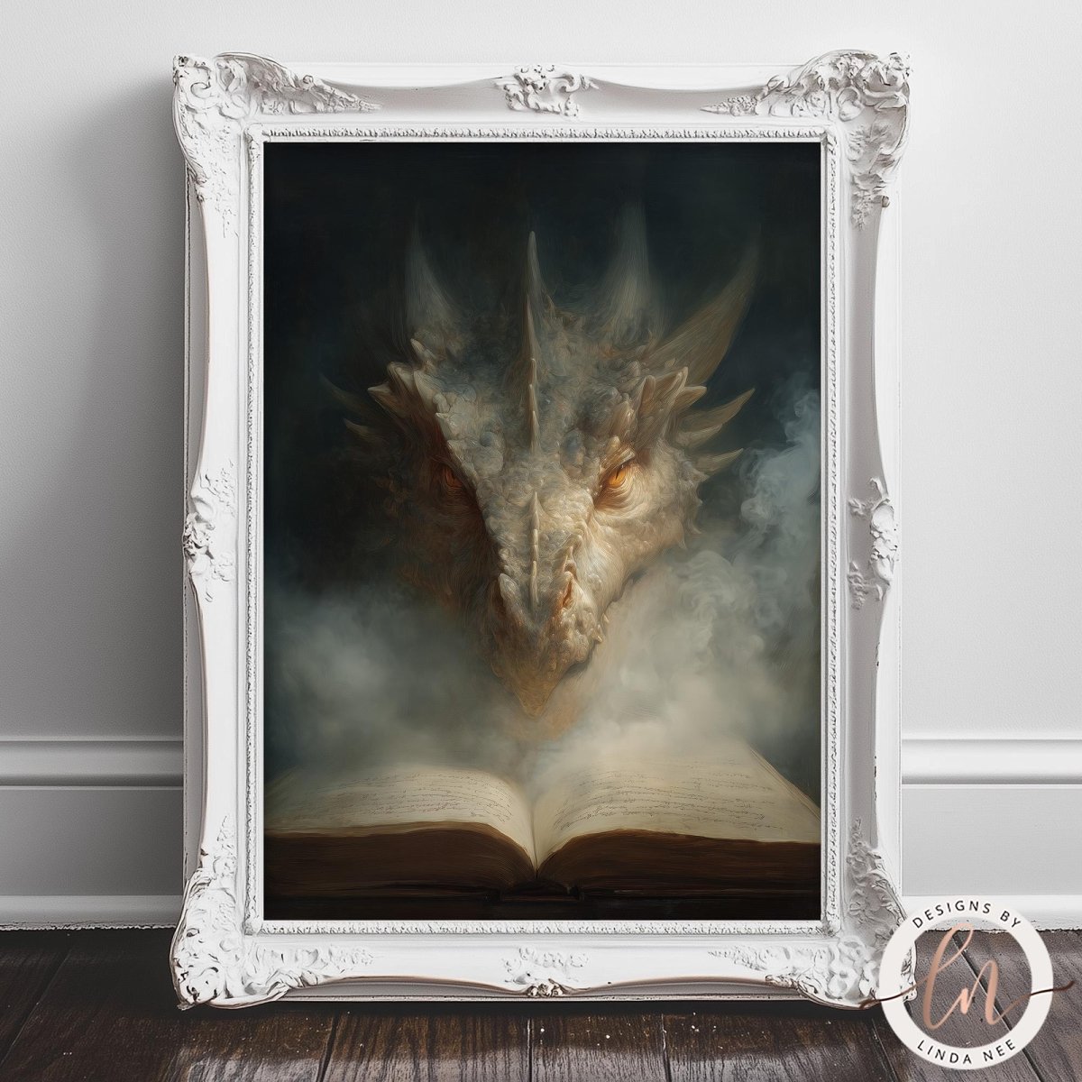 a large, ornate white frame containing a painting of a dragon's head emerging from an open book, surrounded by smoke.