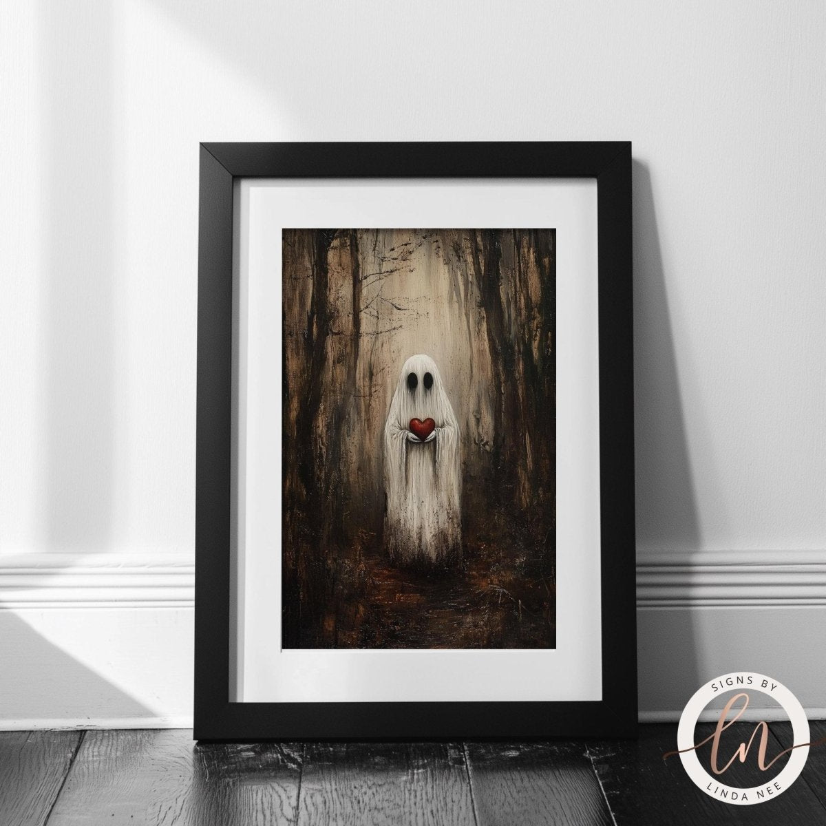 Hollow eyed ghost artwork displayed with candles and roses