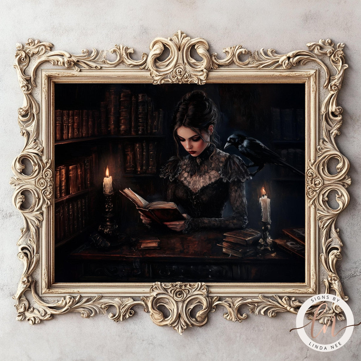A woman is sitting at a desk, reading a book, with a bird perched on her shoulder. The room is dimly lit, with a large bookshelf filled with books in the background. The image is framed in an ornate, gilded frame.