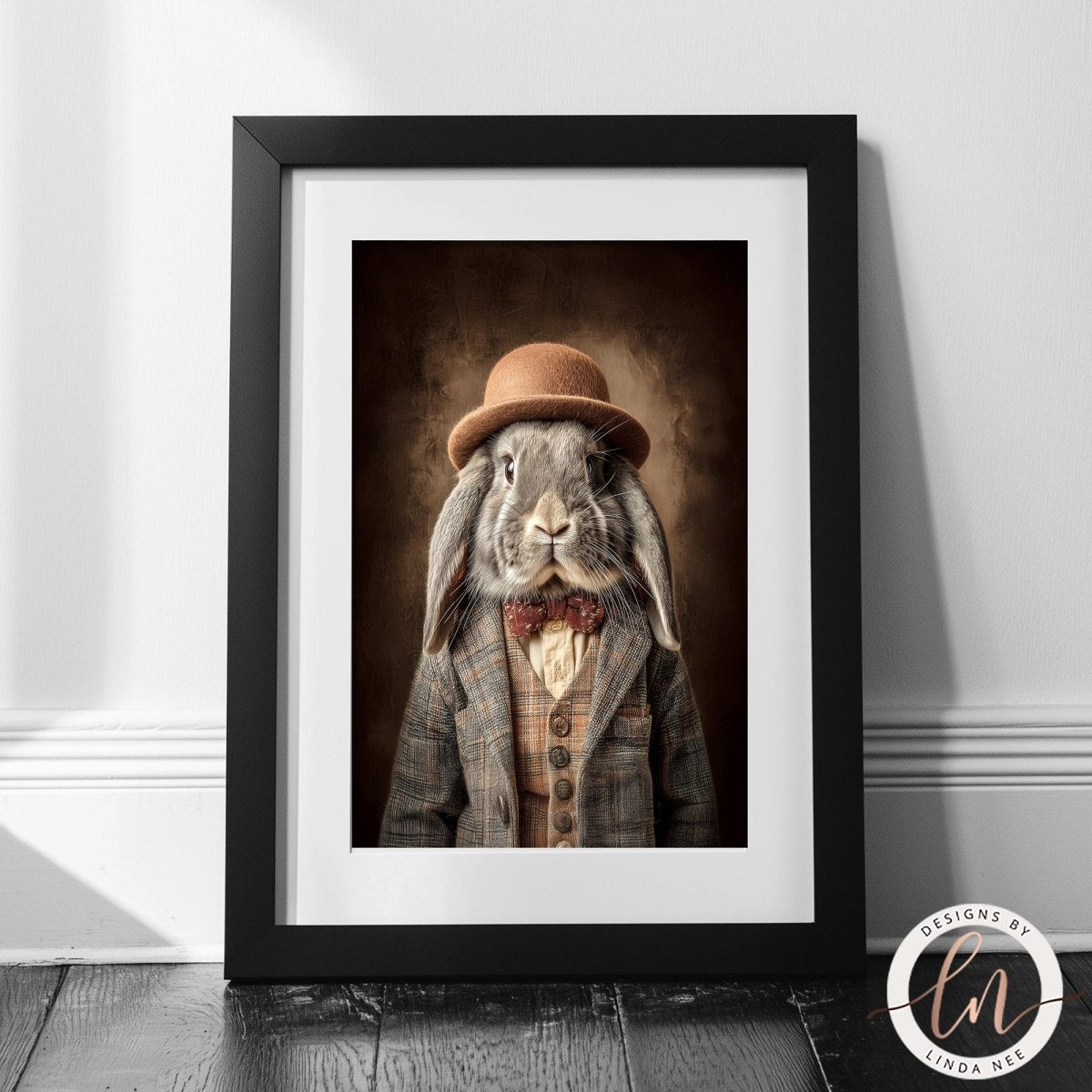 A framed image of a rabbit wearing a hat and a suit, with a brown hat and a plaid jacket, against a brown background.